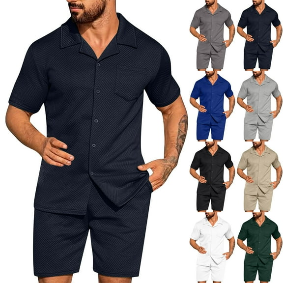 YHAJDS Shirt And Shorts Set For Men Summer Solid Color Lapel Button Short Sleeve Shirt And Shorts Casual Beach Piece Set
