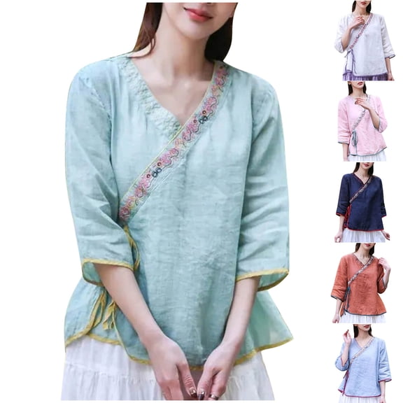 YHAJDS Shirts for Women Casual Quarter Sleeve V Neck Solid Color Loose Pullover Shirt