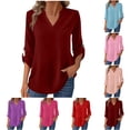 thumbnail image 1 of YHAJDS Shirts for Women Solid Color V Neck Button Down Long Sleeve Blouse Pullover, 1 of 5