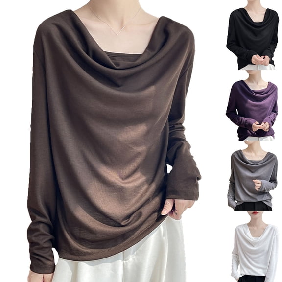 YHAJDS Shirts for Women Trendy Long Sleeve Crew Neck Collar Solid Color Casual Top