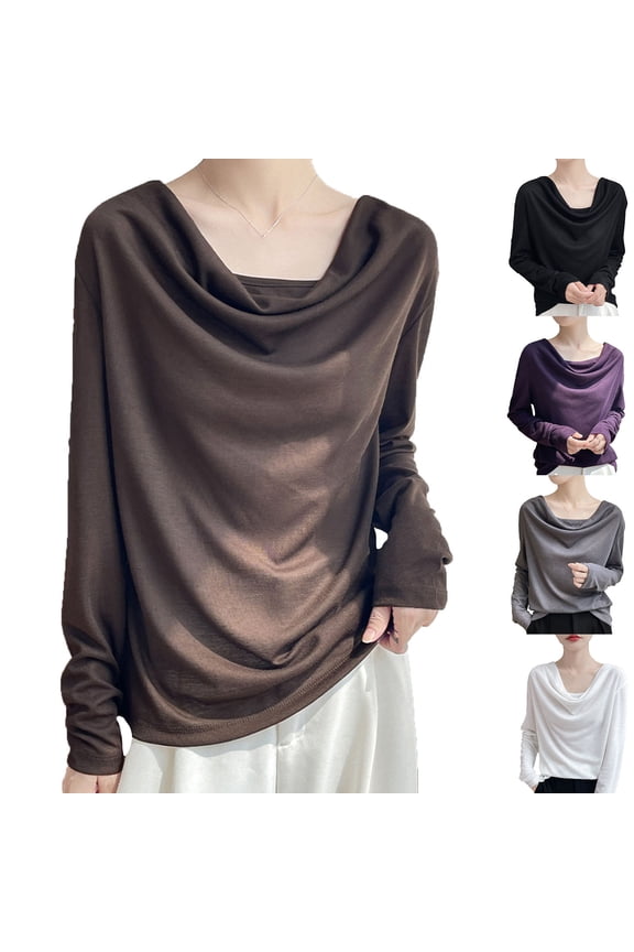 Shirts for Women Trendy Long Sleeve Crew Neck Collar Solid Color Casual Top