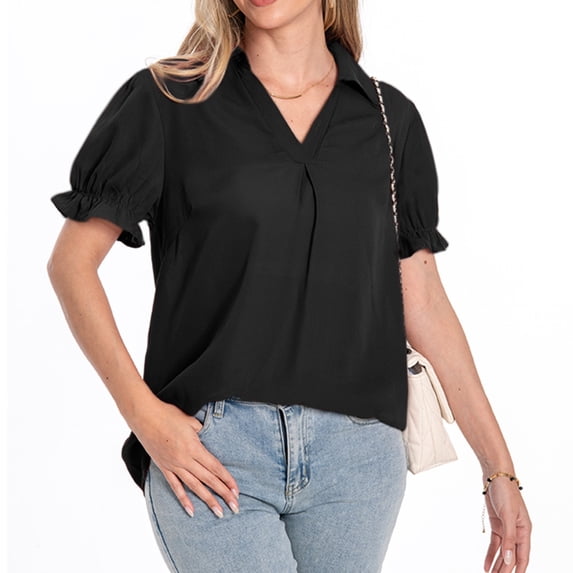 YHAJDS Short Sleeve Shirt for Women Solid Color Chiffon V Neck Loose Plus Size Spring Blouse