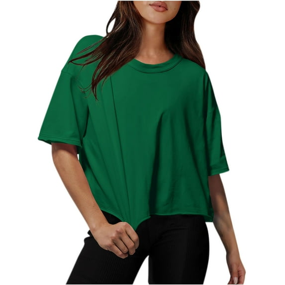 YHAJDS Short Sleeve Shirts for Women Solid Color Drop Shoulder Round Neck Casual Tee Spring Summer