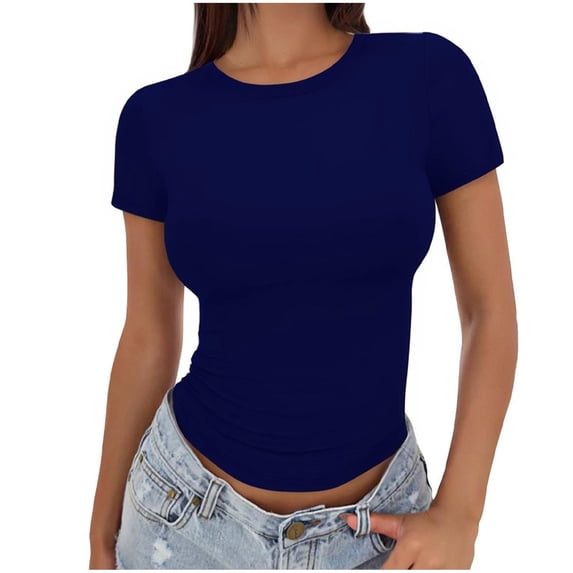 YHAJDS Short Sleeve Shirts for Women Solid Color Round Neck Casual Top Spring Summer Tee