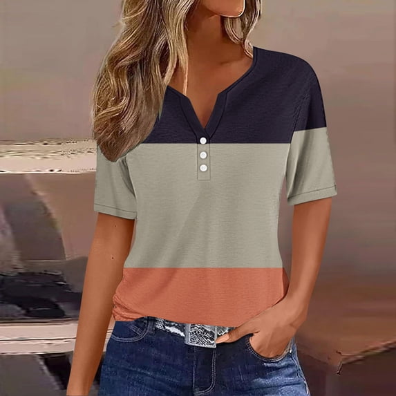YHAJDS Short Sleeve Shirts for Women V Neck Button Down Casual Print Top Blouse Spring Summer Daily Wear