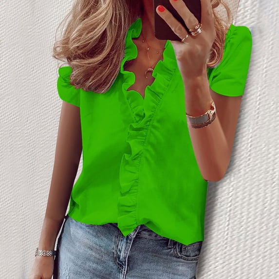 YHAJDS Short Sleeve Shirts for Women V Neck Solid Color Relaxed Button Front Casual Top