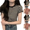 thumbnail image 1 of YHAJDS Short Sleeve Shirts for Women Workout Top for Women Striped Round Neck Casual Short Sleeve Fashion Top, 1 of 3
