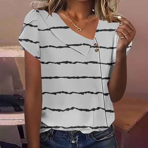 YHAJDS Short Sleeve Sweater for Women Printed V Neck Button Front Casual Spring Summer Blouse