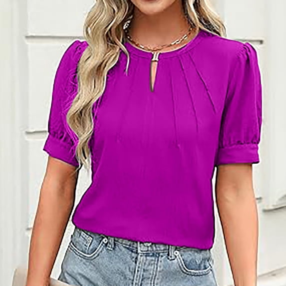 YHAJDS Short Sleeve Sweater for Women Solid Color Keyhole Neck Pleated Sleeve Blouse Casual Spring