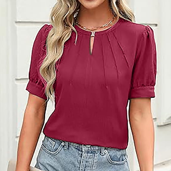 YHAJDS Short Sleeve Sweater for Women Solid Color Keyhole Neck Pleated Sleeve Blouse Casual Spring