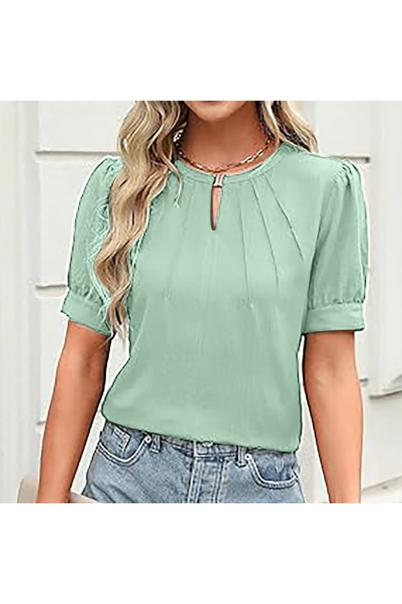 Short Sleeve Sweater for Women Solid Color Keyhole Neck Pleated Sleeve Blouse Casual Spring