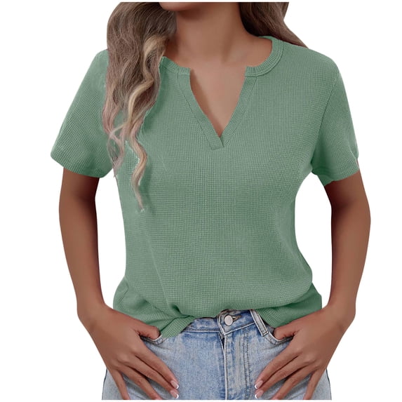 YHAJDS Short Sleeve Sweater for Women V Neck Texture Short Sleeve Solid Color Blouse
