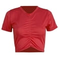 thumbnail image 1 of YHAJDS Short Sleeve Tops for Women Plain Tshirts Round Neck Solid Color Cropped Tee with Ruffle Detail Casual Top, 1 of 4