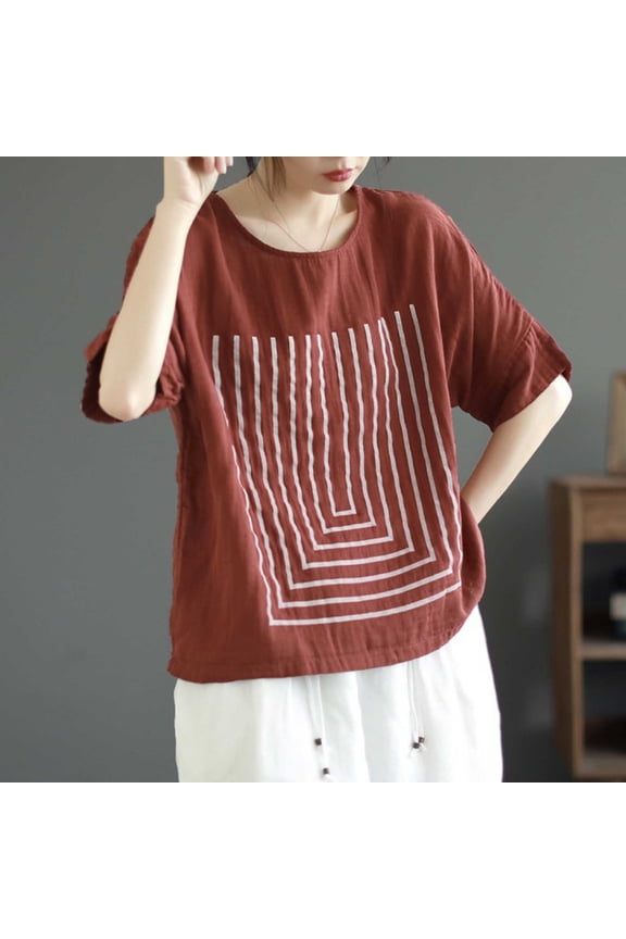 Short Sleeve Tops for Women Round Neck Loose Pullover Tee Double Gauze Fabric Batwing Sleeve