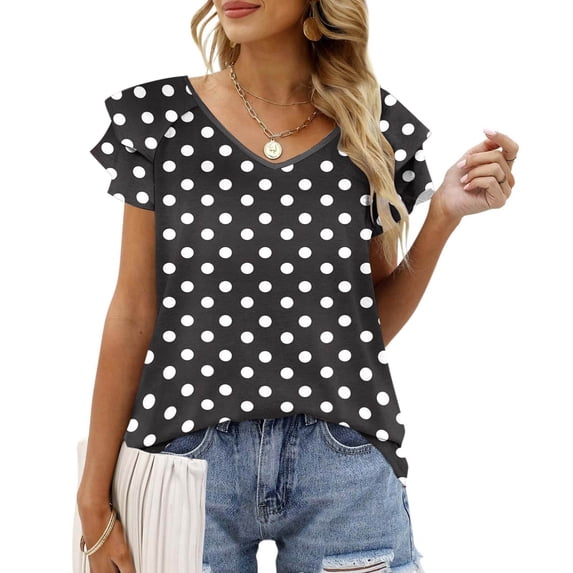 YHAJDS Short Sleeve Tops for Women V Neck Polka Print Blouse with Sleeve Casual Summer Top