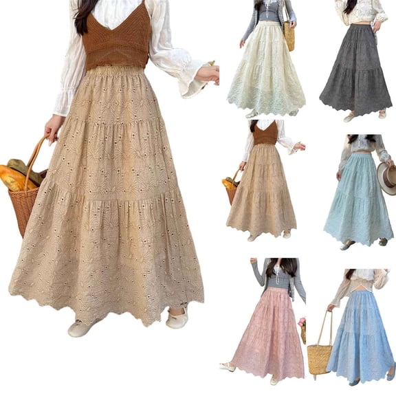 YHAJDS Skirts For Women French Vintage Embroidered Cutout Elastic Waist Skirt Women