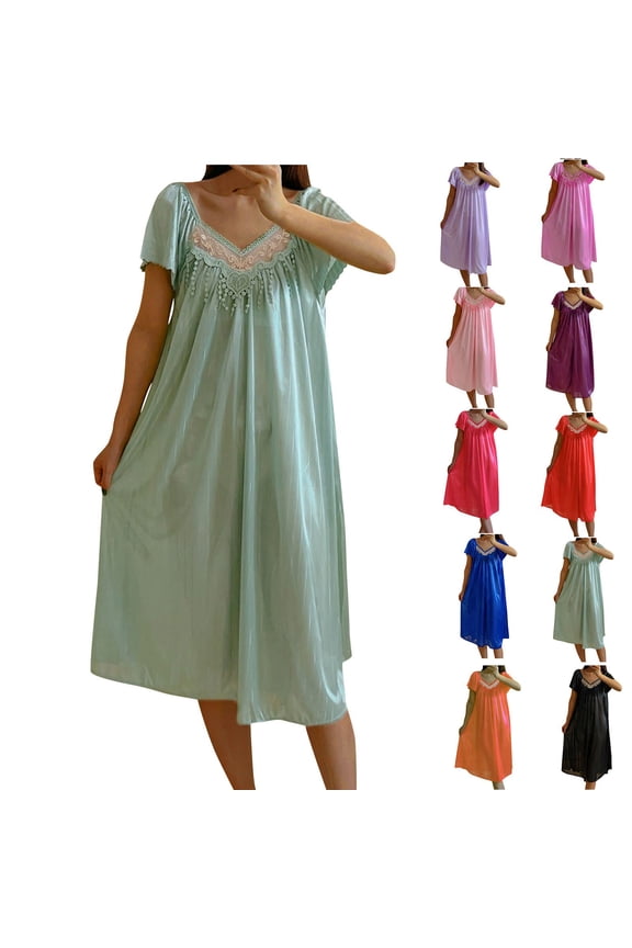 Sleep Dress for Women Summer Solid Color Lace V Neck Short Sleeve Casual Sleep Gown