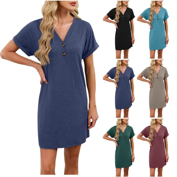 YHAJDS Sleep Gown for Women Solid Color V Neck Short Sleeve Relaxed Nightgown