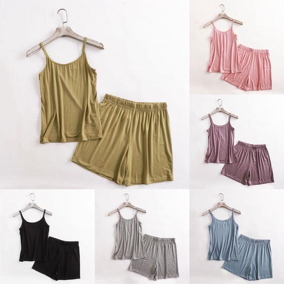 YHAJDS Sleep Set for Women 2 Piece Solid Color Loose Sleeveless Cami and 5 Inch Inseam Shorts