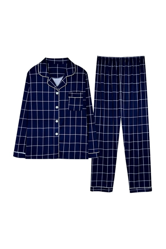 Sleep Set for Women Printed Long Sleeve Open Front Shirt with Collar and Lounge Pants