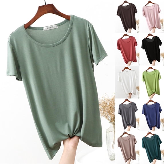 YHAJDS Sleep T-Shirt Solid Color Round Neck Short Sleeve Soft Sleepwear Shirt for Women Loungewear