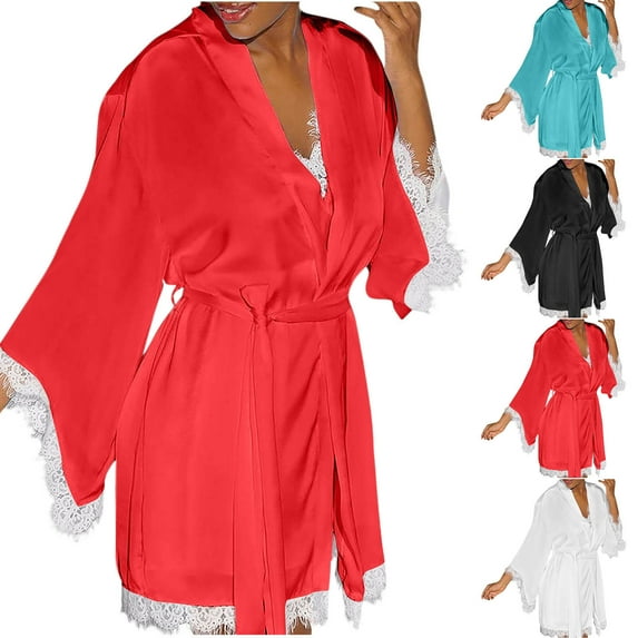 YHAJDS Sleepwear Set for Women 2 Piece Ice Silk Lace Robe and Sleeveless Nightgown Set