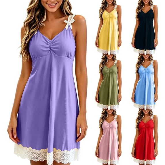 YHAJDS Sleepwear With Built In Bra Lace Bow Detail Spaghetti Strap Solid Color Mini Dress Homewear Nightshirt