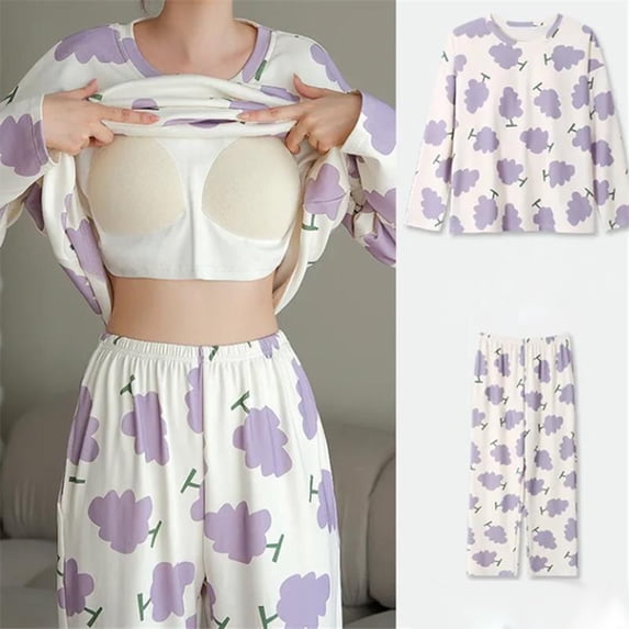 YHAJDS Sleepwear With Built In Bra Long Sleeve Lounge Set for Women 2 Piece Soft Home Wear