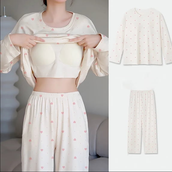 YHAJDS Sleepwear With Built In Bra Long Sleeve Lounge Set for Women 2 Piece Soft Home Wear