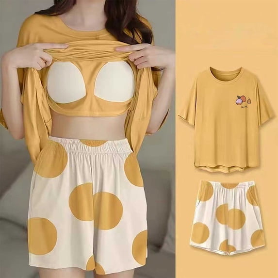 YHAJDS Sleepwear With Built In Bra Long Sleeve Lounge Set for Women 2 Piece Soft Home Wear