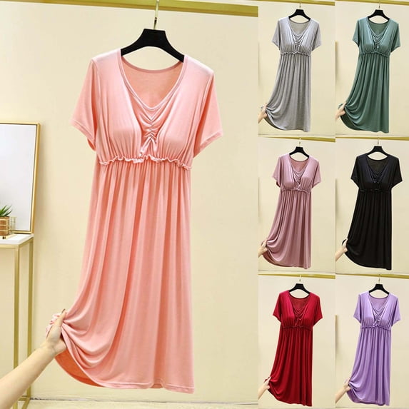 YHAJDS Sleepwear With Built In Bra Short Sleeve V Neck Pull On Home Dress