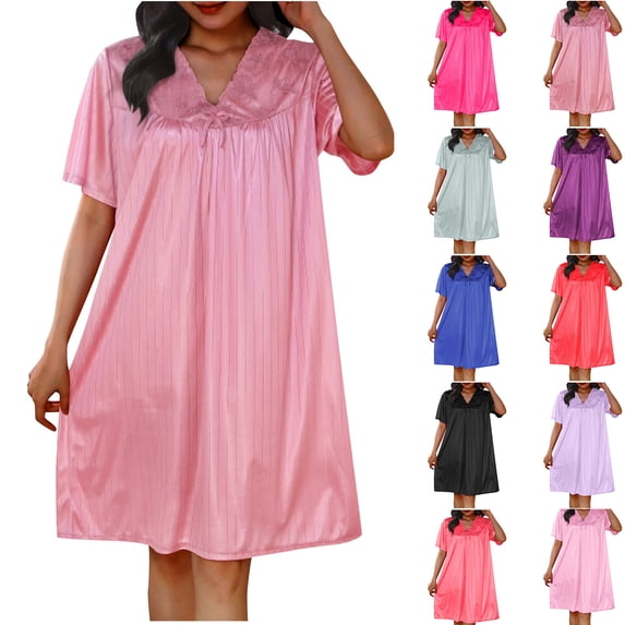 YHAJDS Sleepwear With Built In Bra Solid Color Lace V Neck Short Sleeve Short Nightgown