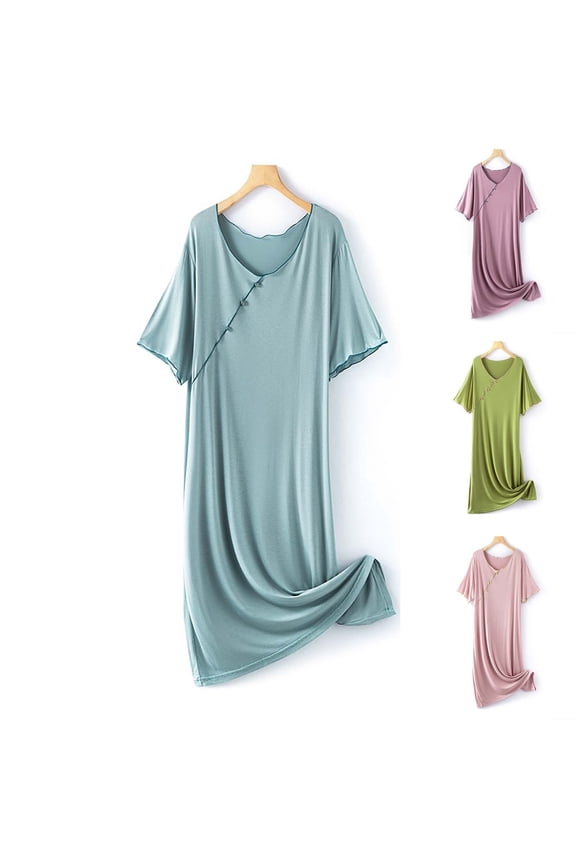 Sleepwear With Built In Bra Solid Color Short Sleeve Slim Inner Layer Long Dress