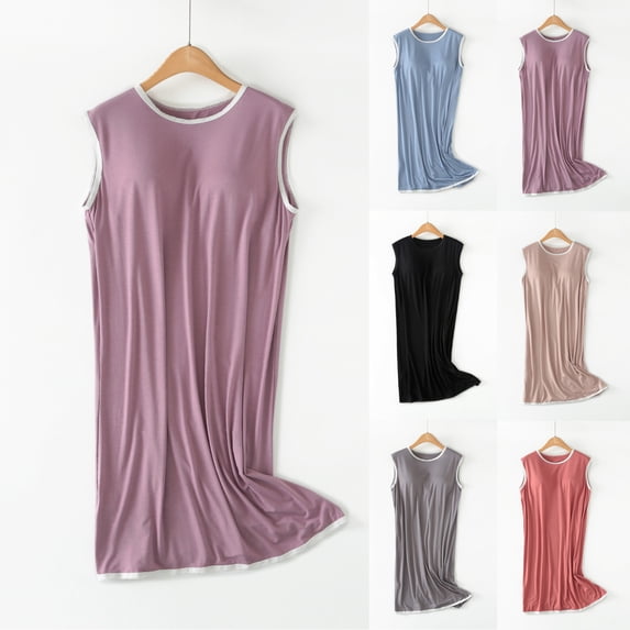 YHAJDS Sleepwear With Built In Bra Tank Mid Length Sleeveless Round Neck Sleep Dress