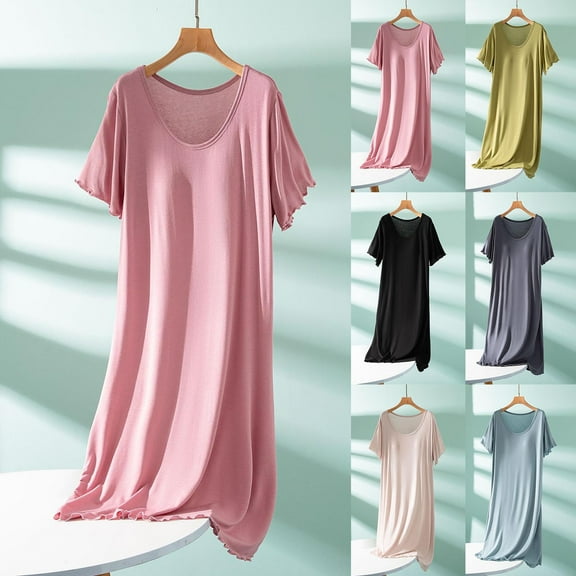 YHAJDS Sleepwear For Women Nightgown,Sleepwear With Built In Bra,Women's Winter Solid Color Round Neck Short Sleeve Loose Comfortable Casual Long Nightgown With Padded Bra