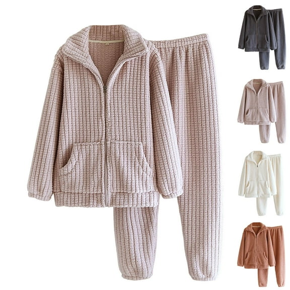 YHAJDS Sleepwear For Women Pajama Set Women's Pajama Sets Home Wear Solid Color Long Sleeve Button Down Collar Top With Pockets And Elastic Waist Pants Two Piece Set