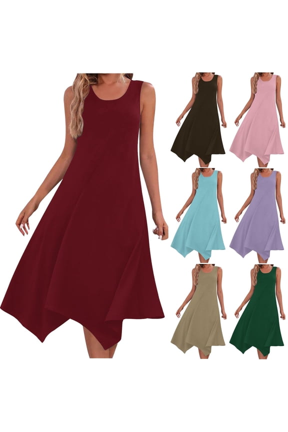 Sleeveless Round Neck Dress Solid Color Casual Long A Line Asymmetrical Hem Dress
