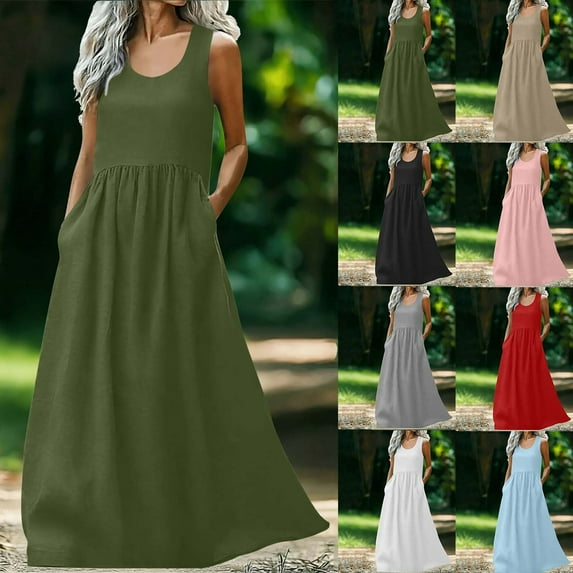 YHAJDS Sleeveless Round Neck Dress for Women Solid Color Side Pockets Flowy Linen Like Waist Defining Maxi