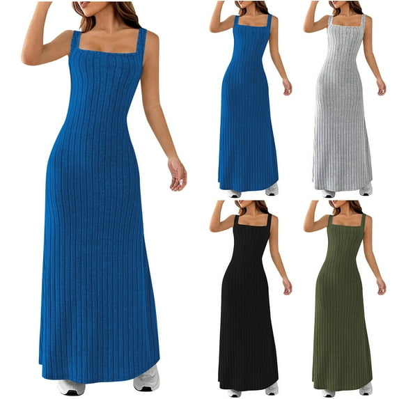 YHAJDS Sleeveless Square Neck Dress Women Solid Color Ribbed Knit Slim Spaghetti Strap Maxi Dress