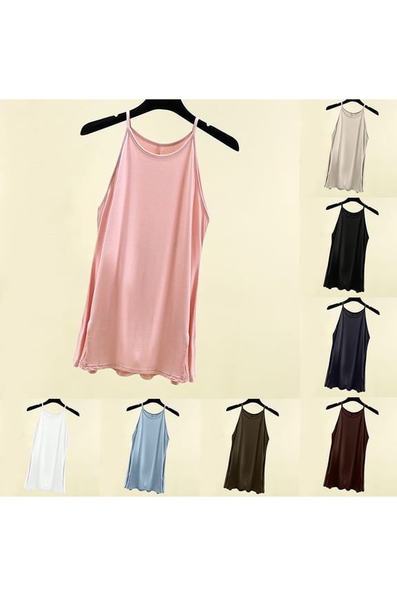 Slim Cami Shirts Solid Color Side Slit Round Neck Sleeveless Tank Top Basic Undershirt For Spring Fashion