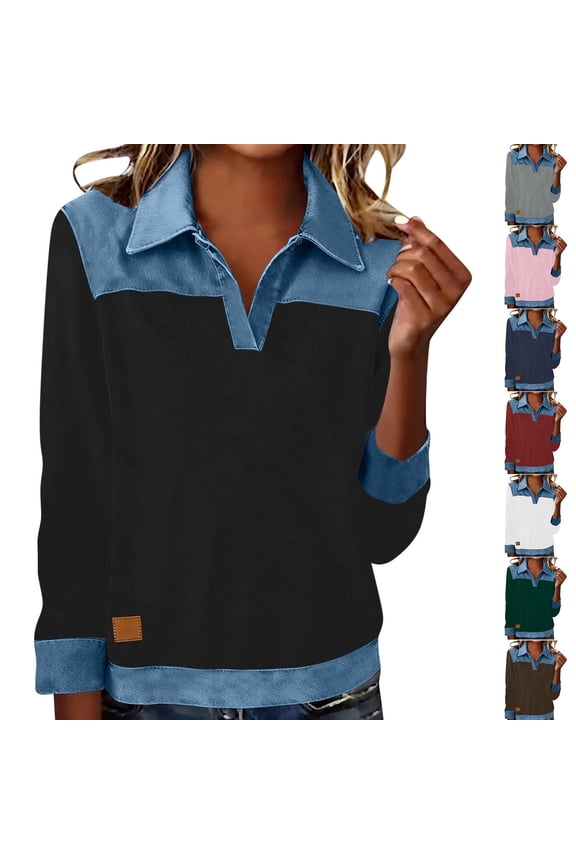 Solid Color Womens Pullover Long Sleeve Collared Denim Paneled Cuff Hem Casual Spring Summer Blouse