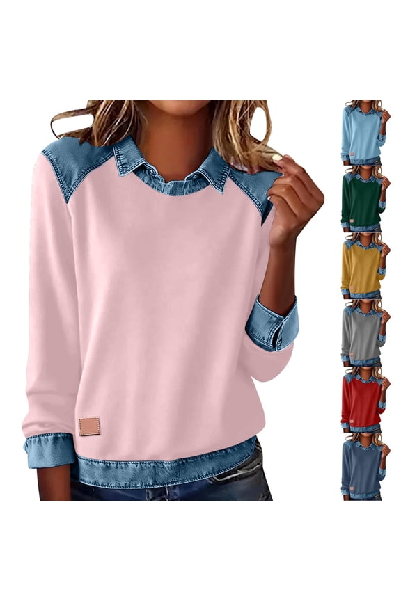 Solid Color Womens Sweatshirt Long Sleeve Collared Denim Paneled Casual Spring Summer Stitched Pullover Blouse