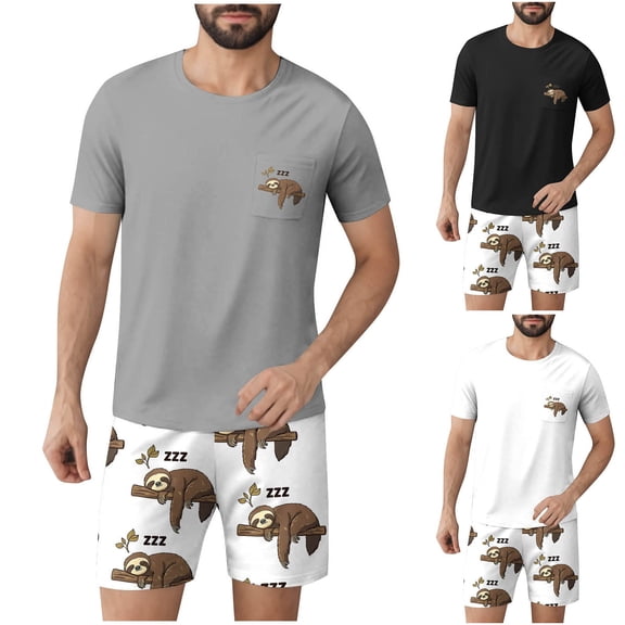 YHAJDS Summer Men 2 Piece Outfits Mens Pajamas Set Print Short Sleeve Crew Neck Top With Shorts Casual Loungewear Set For Men