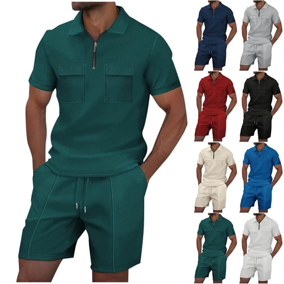 YHAJDS Men's Shirt and Shorts Set Solid Relaxed Pocket Drawstring Shorts Zip Polo Short Sleeve