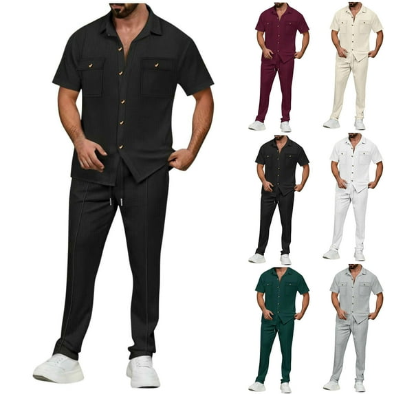 YHAJDS Mens Casual Sets 2 Piece Outfits Solid Button Double Pocket Short Sleeve Polo Shirt Long Pants