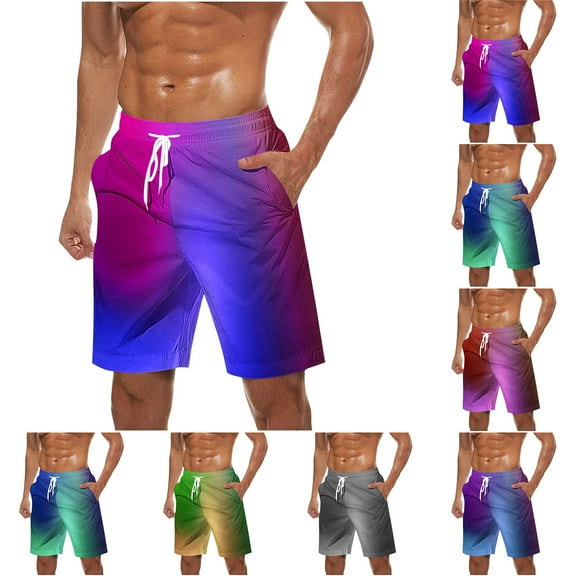 YHAJDS Summer Men's and Big Men's Shorts,Mens Swim Trunks Gradient Print Pocket Drawstring Waist Beach Casual Sport Shorts for Men