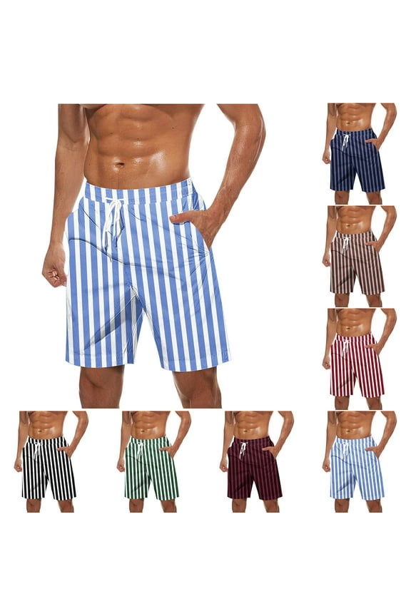 Summer Men's and Big Men's Shorts,Mens Swim Trunks Stripe Print Pocket Drawstring Waist Beach Casual Sport Shorts for Men