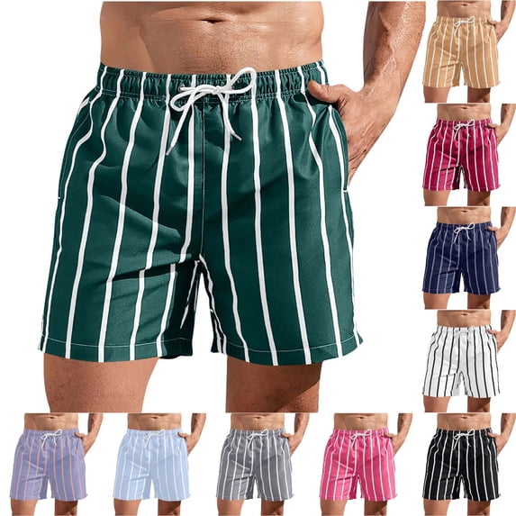 YHAJDS Mens Swim Shorts Striped Print Elastic Drawstring Pockets Beach Summer Vacation