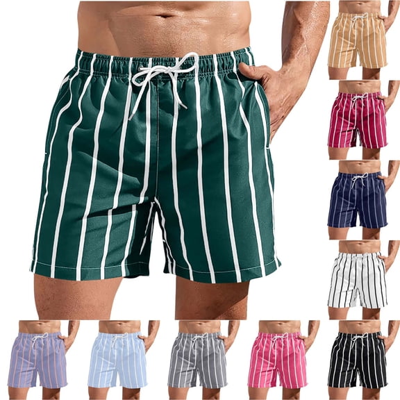 YHAJDS Summer Men's and Big Men's Shorts,Mens Swim Trunks Summer Stripe Print Elastic Waist Drawstring 5 Shorts With Pockets For Beach Wear