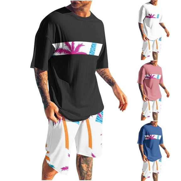 YHAJDS Summer Mens 2 Piece Outfits Mens Vacation Outfits Hawaiian Print Short Sleeve Crew Neck Top And Elastic Waist Sports Shorts Casual Loose Set